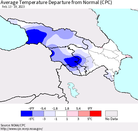 Azerbaijan, Armenia and Georgia Average Temperature Departure from Normal (CPC) Thematic Map For 2/13/2023 - 2/19/2023