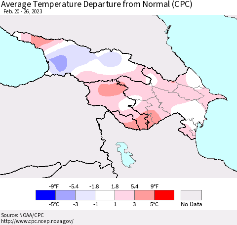 Azerbaijan, Armenia and Georgia Average Temperature Departure from Normal (CPC) Thematic Map For 2/20/2023 - 2/26/2023
