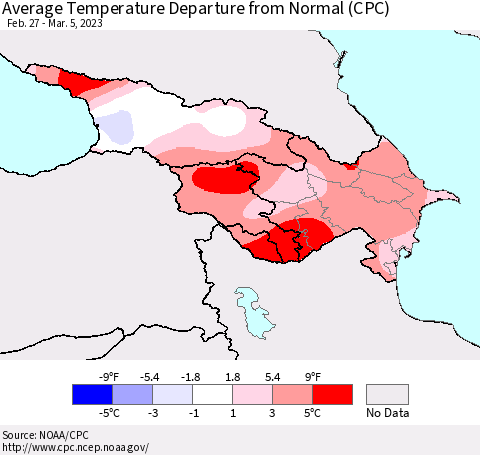 Azerbaijan, Armenia and Georgia Average Temperature Departure from Normal (CPC) Thematic Map For 2/27/2023 - 3/5/2023