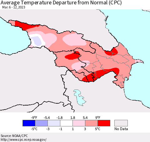 Azerbaijan, Armenia and Georgia Average Temperature Departure from Normal (CPC) Thematic Map For 3/6/2023 - 3/12/2023