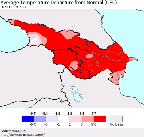 Azerbaijan, Armenia and Georgia Average Temperature Departure from Normal (CPC) Thematic Map For 3/13/2023 - 3/19/2023
