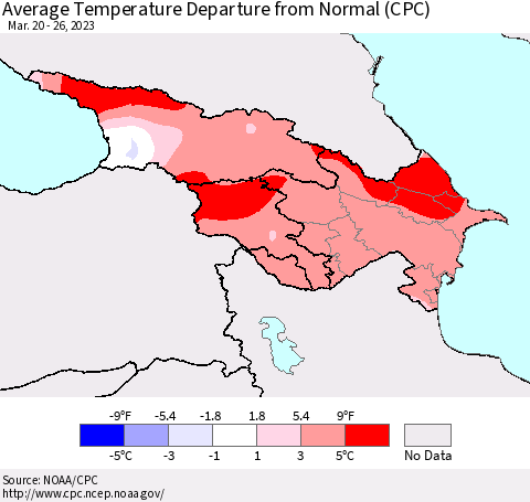 Azerbaijan, Armenia and Georgia Average Temperature Departure from Normal (CPC) Thematic Map For 3/20/2023 - 3/26/2023