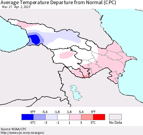 Azerbaijan, Armenia and Georgia Average Temperature Departure from Normal (CPC) Thematic Map For 3/27/2023 - 4/2/2023