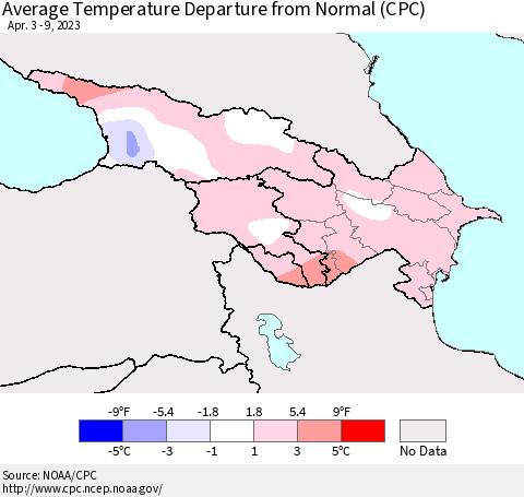 Azerbaijan, Armenia and Georgia Average Temperature Departure from Normal (CPC) Thematic Map For 4/3/2023 - 4/9/2023