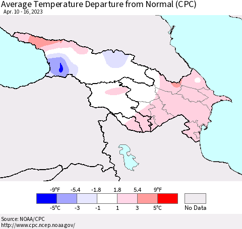 Azerbaijan, Armenia and Georgia Average Temperature Departure from Normal (CPC) Thematic Map For 4/10/2023 - 4/16/2023