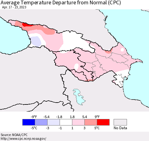 Azerbaijan, Armenia and Georgia Average Temperature Departure from Normal (CPC) Thematic Map For 4/17/2023 - 4/23/2023