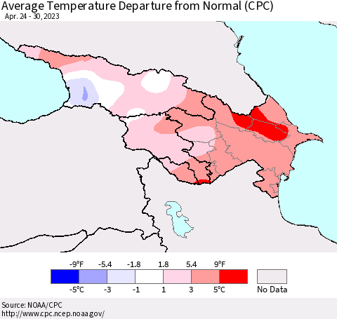 Azerbaijan, Armenia and Georgia Average Temperature Departure from Normal (CPC) Thematic Map For 4/24/2023 - 4/30/2023