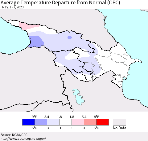 Azerbaijan, Armenia and Georgia Average Temperature Departure from Normal (CPC) Thematic Map For 5/1/2023 - 5/7/2023