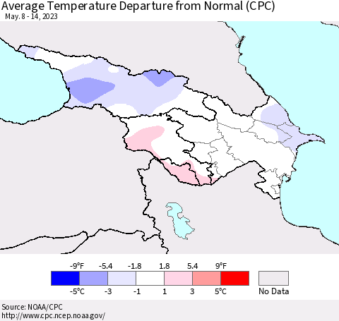 Azerbaijan, Armenia and Georgia Average Temperature Departure from Normal (CPC) Thematic Map For 5/8/2023 - 5/14/2023