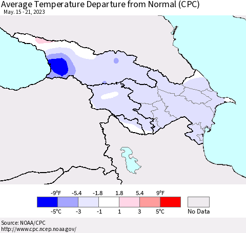 Azerbaijan, Armenia and Georgia Average Temperature Departure from Normal (CPC) Thematic Map For 5/15/2023 - 5/21/2023