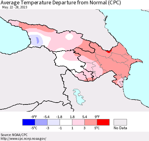 Azerbaijan, Armenia and Georgia Average Temperature Departure from Normal (CPC) Thematic Map For 5/22/2023 - 5/28/2023