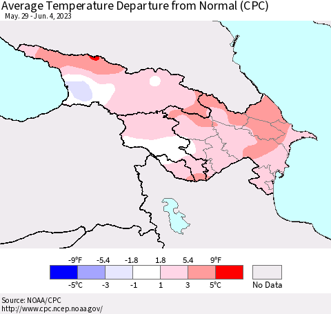 Azerbaijan, Armenia and Georgia Average Temperature Departure from Normal (CPC) Thematic Map For 5/29/2023 - 6/4/2023