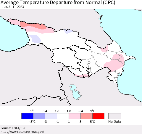 Azerbaijan, Armenia and Georgia Average Temperature Departure from Normal (CPC) Thematic Map For 6/5/2023 - 6/11/2023