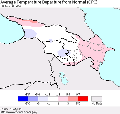Azerbaijan, Armenia and Georgia Average Temperature Departure from Normal (CPC) Thematic Map For 6/12/2023 - 6/18/2023