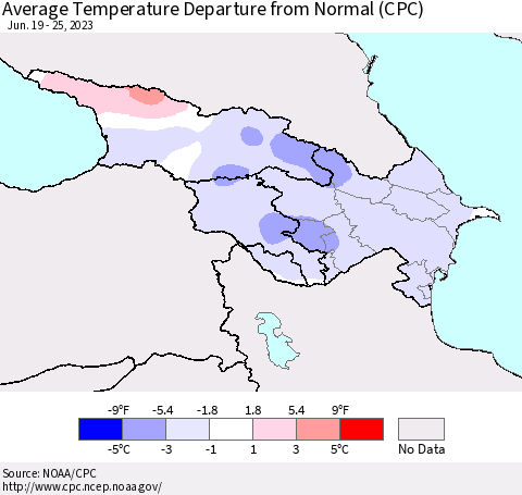 Azerbaijan, Armenia and Georgia Average Temperature Departure from Normal (CPC) Thematic Map For 6/19/2023 - 6/25/2023