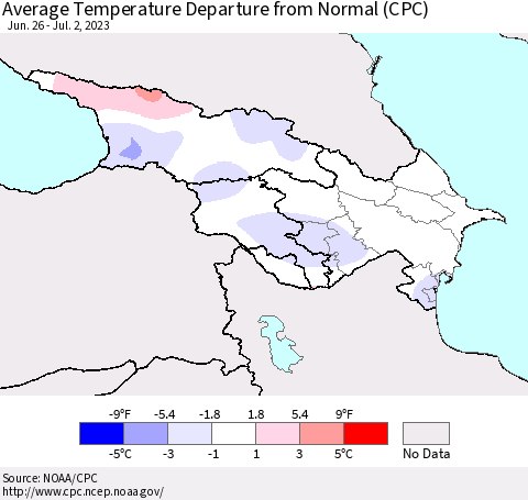 Azerbaijan, Armenia and Georgia Average Temperature Departure from Normal (CPC) Thematic Map For 6/26/2023 - 7/2/2023