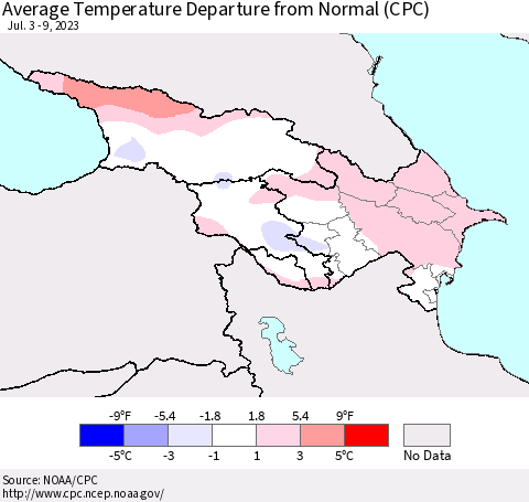 Azerbaijan, Armenia and Georgia Average Temperature Departure from Normal (CPC) Thematic Map For 7/3/2023 - 7/9/2023