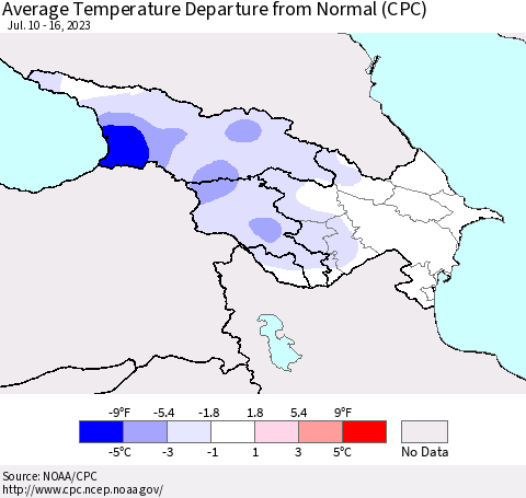 Azerbaijan, Armenia and Georgia Average Temperature Departure from Normal (CPC) Thematic Map For 7/10/2023 - 7/16/2023