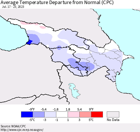 Azerbaijan, Armenia and Georgia Average Temperature Departure from Normal (CPC) Thematic Map For 7/17/2023 - 7/23/2023