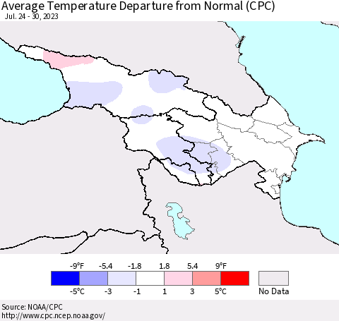 Azerbaijan, Armenia and Georgia Average Temperature Departure from Normal (CPC) Thematic Map For 7/24/2023 - 7/30/2023