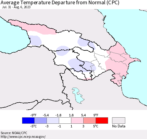 Azerbaijan, Armenia and Georgia Average Temperature Departure from Normal (CPC) Thematic Map For 7/31/2023 - 8/6/2023