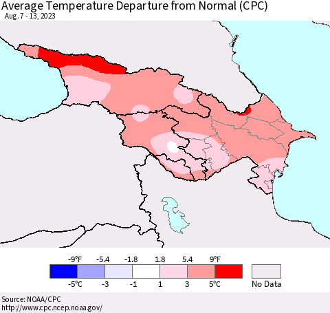 Azerbaijan, Armenia and Georgia Average Temperature Departure from Normal (CPC) Thematic Map For 8/7/2023 - 8/13/2023