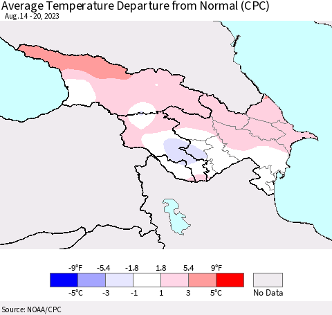 Azerbaijan, Armenia and Georgia Average Temperature Departure from Normal (CPC) Thematic Map For 8/14/2023 - 8/20/2023