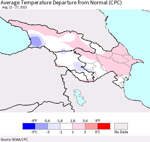 Azerbaijan, Armenia and Georgia Average Temperature Departure from Normal (CPC) Thematic Map For 8/21/2023 - 8/27/2023