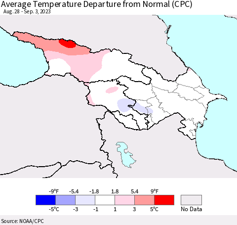 Azerbaijan, Armenia and Georgia Average Temperature Departure from Normal (CPC) Thematic Map For 8/28/2023 - 9/3/2023