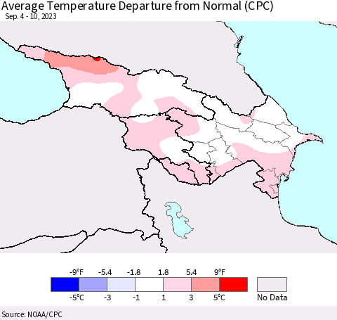 Azerbaijan, Armenia and Georgia Average Temperature Departure from Normal (CPC) Thematic Map For 9/4/2023 - 9/10/2023