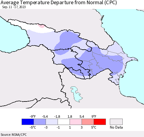 Azerbaijan, Armenia and Georgia Average Temperature Departure from Normal (CPC) Thematic Map For 9/11/2023 - 9/17/2023
