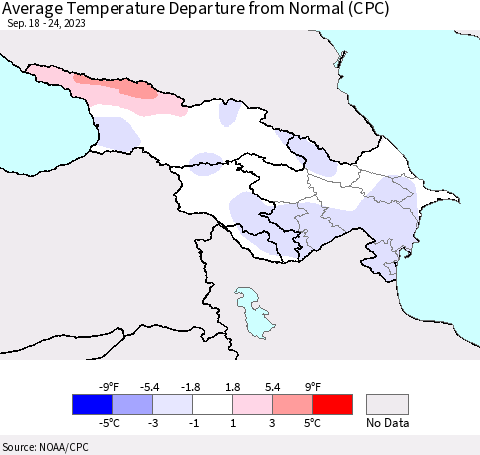 Azerbaijan, Armenia and Georgia Average Temperature Departure from Normal (CPC) Thematic Map For 9/18/2023 - 9/24/2023