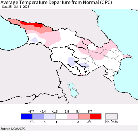 Azerbaijan, Armenia and Georgia Average Temperature Departure from Normal (CPC) Thematic Map For 9/25/2023 - 10/1/2023