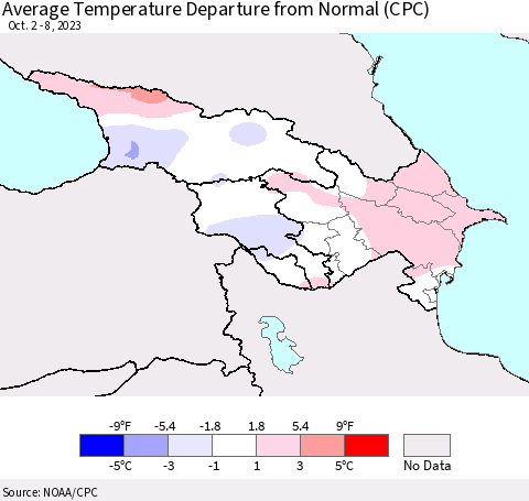 Azerbaijan, Armenia and Georgia Average Temperature Departure from Normal (CPC) Thematic Map For 10/2/2023 - 10/8/2023