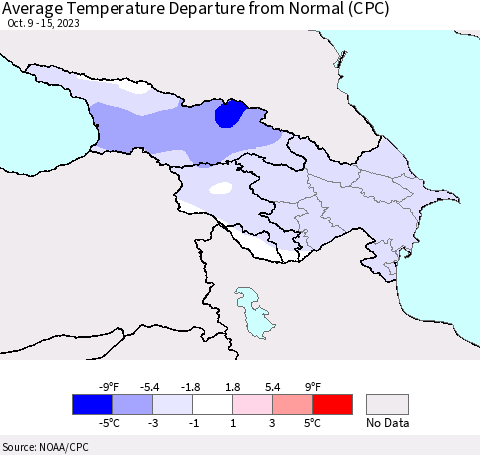 Azerbaijan, Armenia and Georgia Average Temperature Departure from Normal (CPC) Thematic Map For 10/9/2023 - 10/15/2023