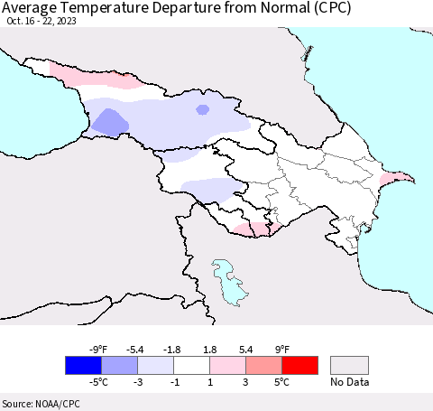 Azerbaijan, Armenia and Georgia Average Temperature Departure from Normal (CPC) Thematic Map For 10/16/2023 - 10/22/2023