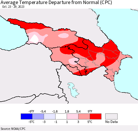 Azerbaijan, Armenia and Georgia Average Temperature Departure from Normal (CPC) Thematic Map For 10/23/2023 - 10/29/2023