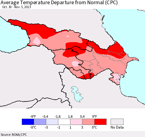 Azerbaijan, Armenia and Georgia Average Temperature Departure from Normal (CPC) Thematic Map For 10/30/2023 - 11/5/2023