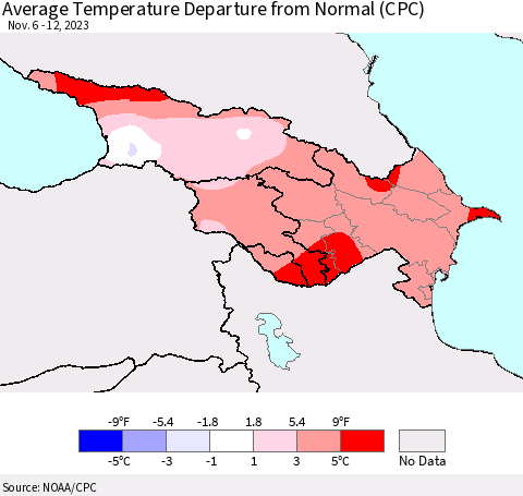 Azerbaijan, Armenia and Georgia Average Temperature Departure from Normal (CPC) Thematic Map For 11/6/2023 - 11/12/2023
