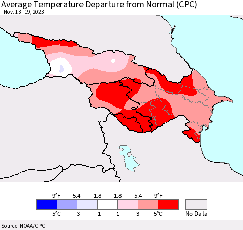 Azerbaijan, Armenia and Georgia Average Temperature Departure from Normal (CPC) Thematic Map For 11/13/2023 - 11/19/2023