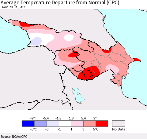 Azerbaijan, Armenia and Georgia Average Temperature Departure from Normal (CPC) Thematic Map For 11/20/2023 - 11/26/2023
