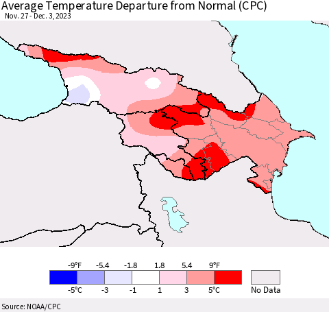 Azerbaijan, Armenia and Georgia Average Temperature Departure from Normal (CPC) Thematic Map For 11/27/2023 - 12/3/2023