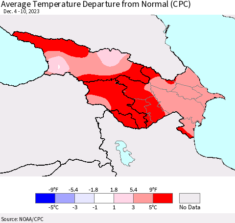 Azerbaijan, Armenia and Georgia Average Temperature Departure from Normal (CPC) Thematic Map For 12/4/2023 - 12/10/2023