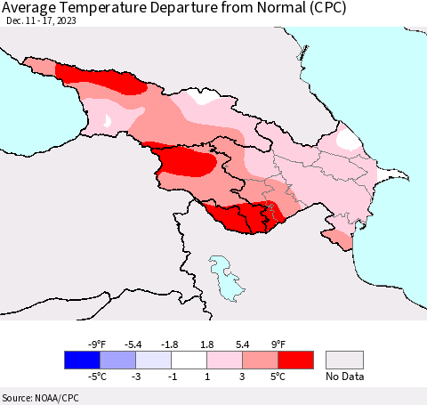 Azerbaijan, Armenia and Georgia Average Temperature Departure from Normal (CPC) Thematic Map For 12/11/2023 - 12/17/2023