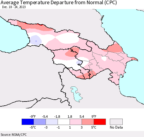 Azerbaijan, Armenia and Georgia Average Temperature Departure from Normal (CPC) Thematic Map For 12/18/2023 - 12/24/2023