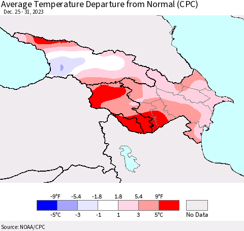 Azerbaijan, Armenia and Georgia Average Temperature Departure from Normal (CPC) Thematic Map For 12/25/2023 - 12/31/2023