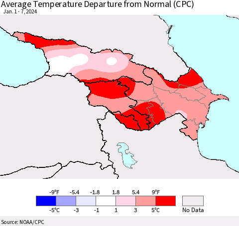 Azerbaijan, Armenia and Georgia Average Temperature Departure from Normal (CPC) Thematic Map For 1/1/2024 - 1/7/2024