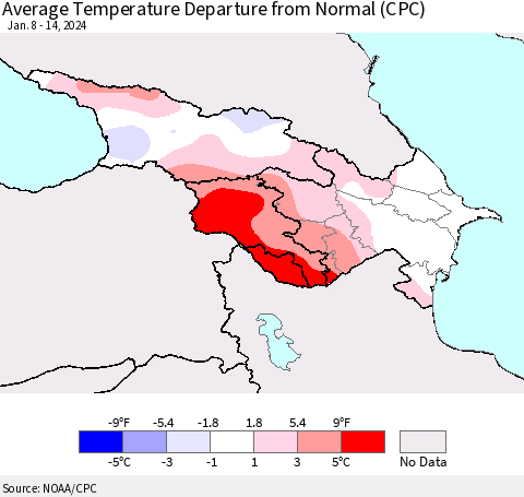 Azerbaijan, Armenia and Georgia Average Temperature Departure from Normal (CPC) Thematic Map For 1/8/2024 - 1/14/2024