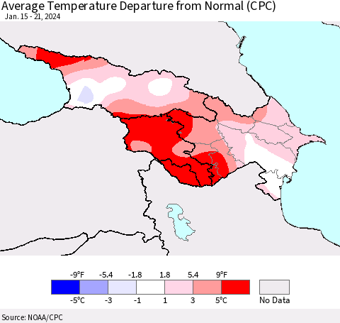 Azerbaijan, Armenia and Georgia Average Temperature Departure from Normal (CPC) Thematic Map For 1/15/2024 - 1/21/2024