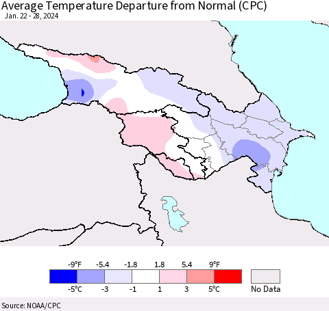 Azerbaijan, Armenia and Georgia Average Temperature Departure from Normal (CPC) Thematic Map For 1/22/2024 - 1/28/2024